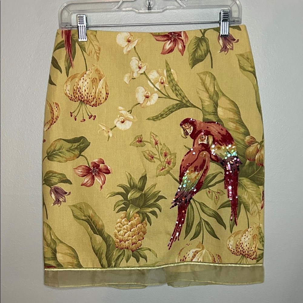 Muse Yellow Tropical Pencil Skirt with Parrot Embellishment